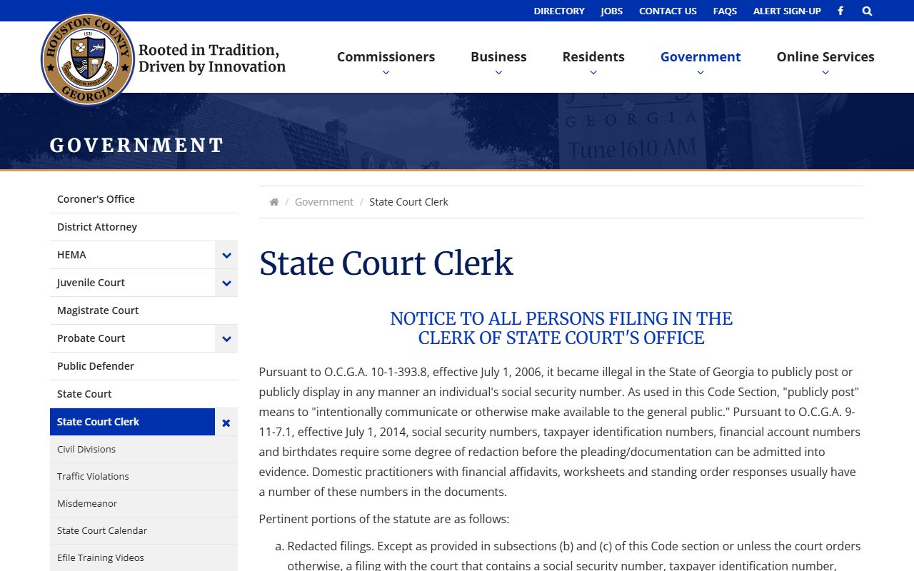 Houston County State Court Clerk records page for misdemeanors and traffic charges
