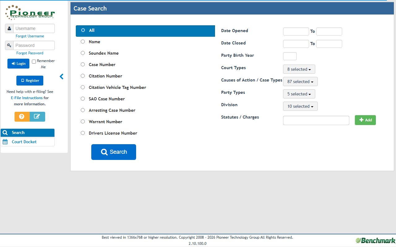 Benchmark public case search form for Houston County court records