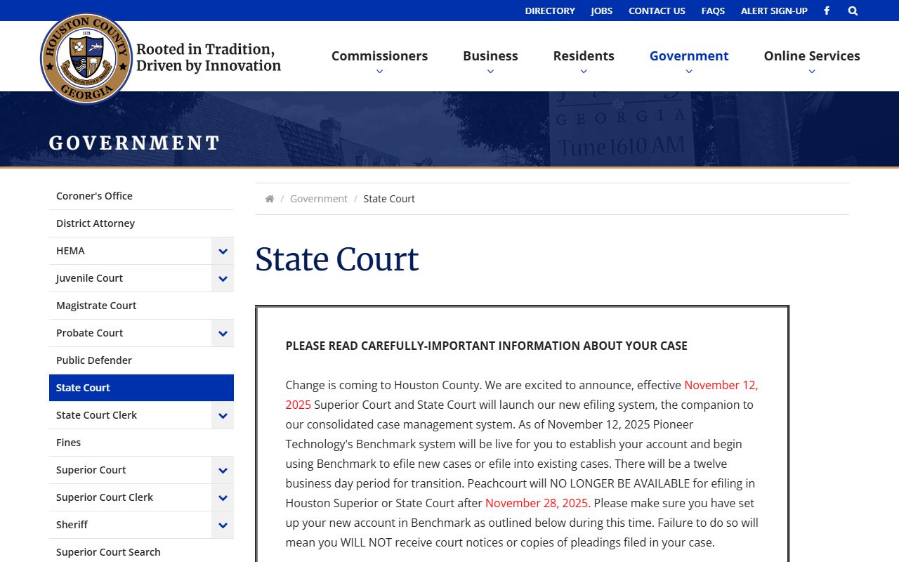 Houston County State Court page for traffic misdemeanor and civil case records
