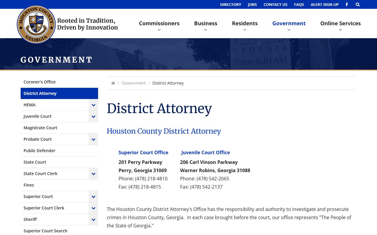 Houston County District Attorney contact page