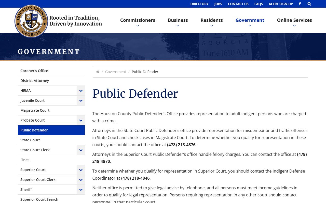 Houston County Public Defender state and superior court representation information