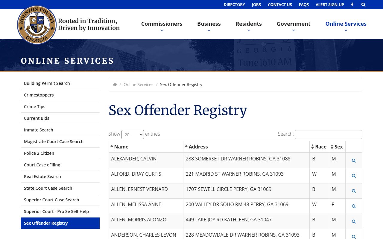 Houston County inmate records county sex offender registry fields