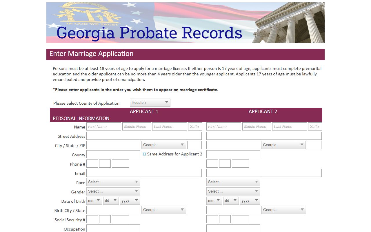 Houston County marriage records online application