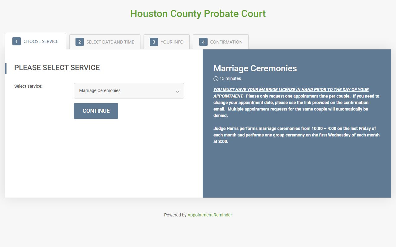 Houston County marriage records ceremony appointment booking